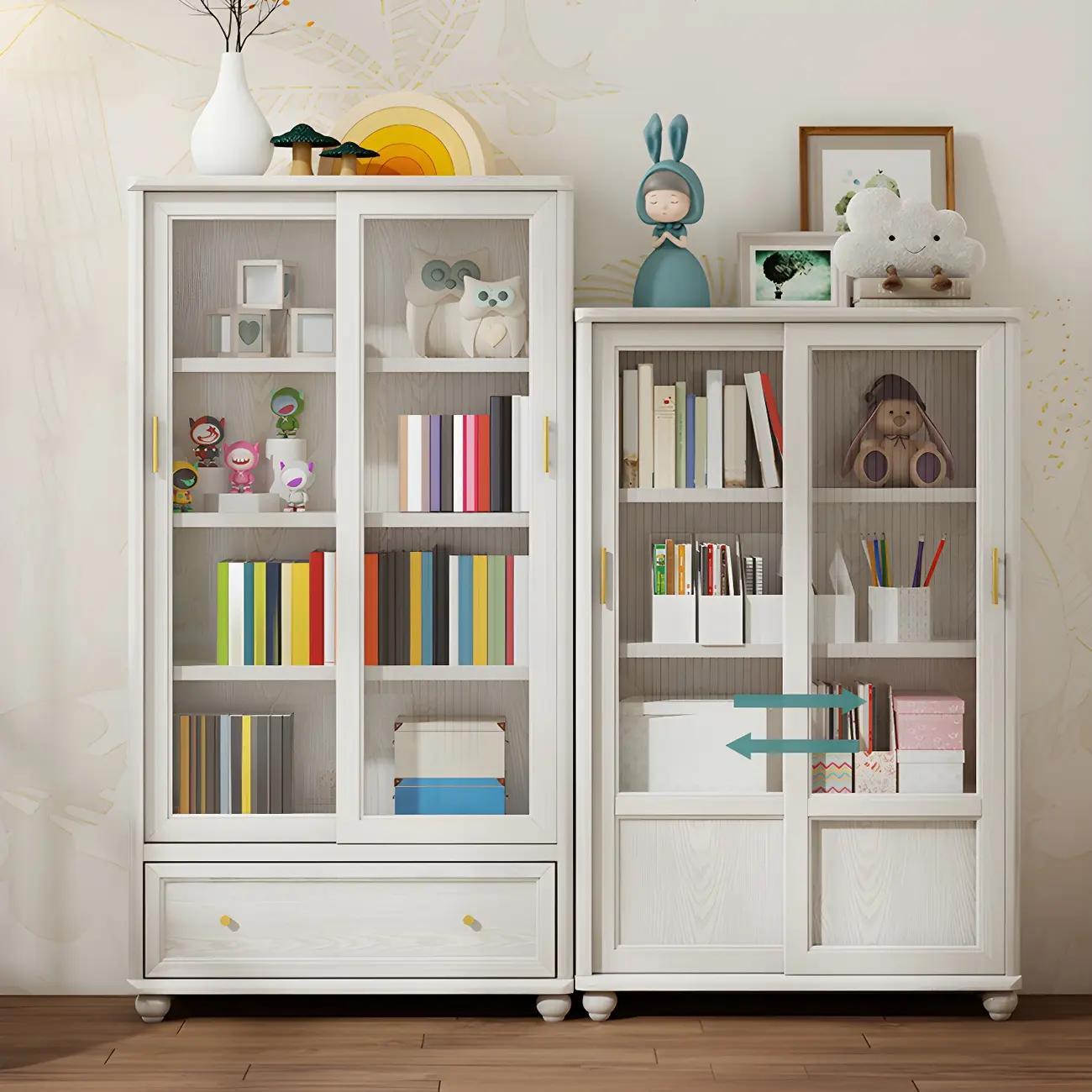 2-Drawer White Wooden Adjustable Shelves bookcases