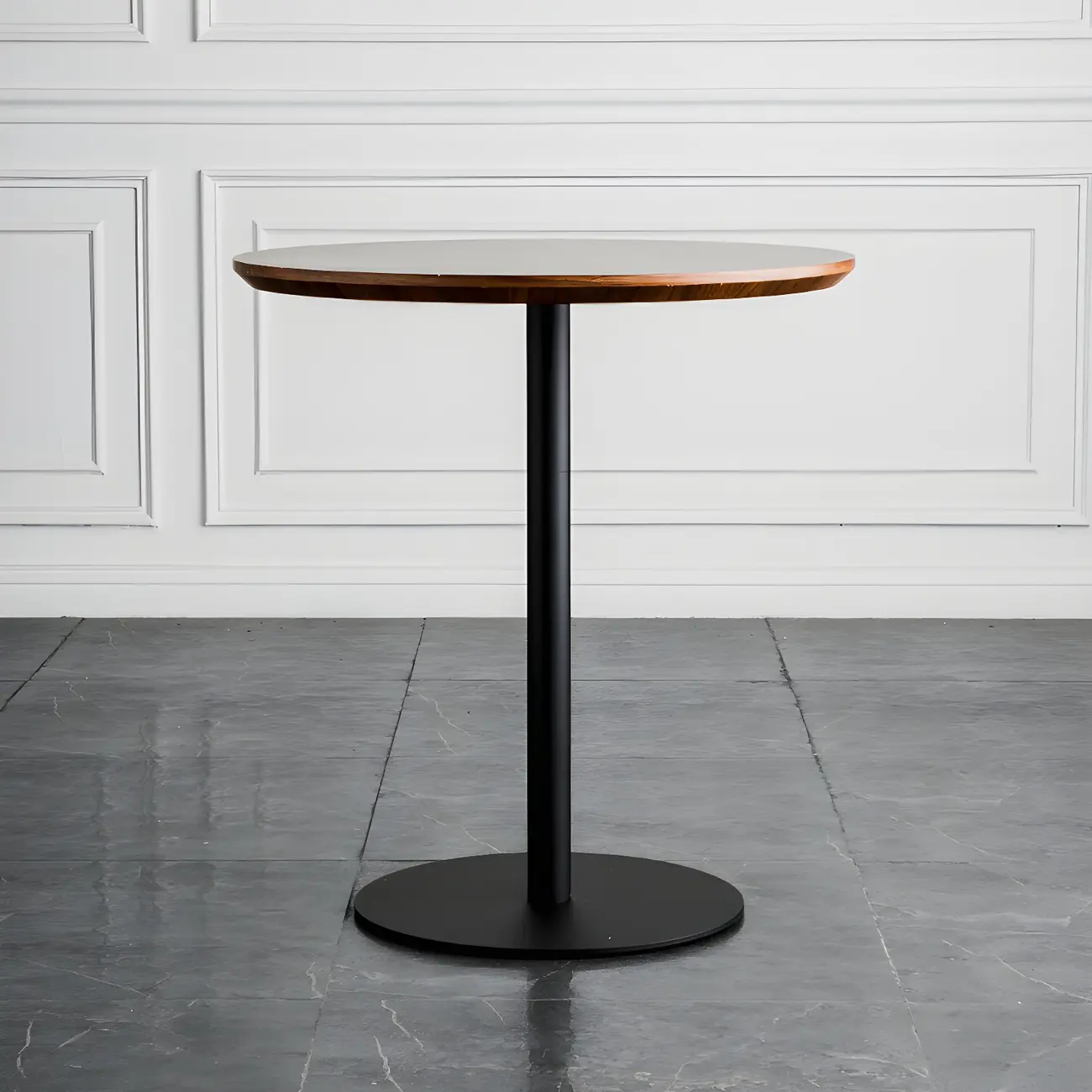 Modern Brown Wood Grain Black Metallic Pedestal Bar Tables