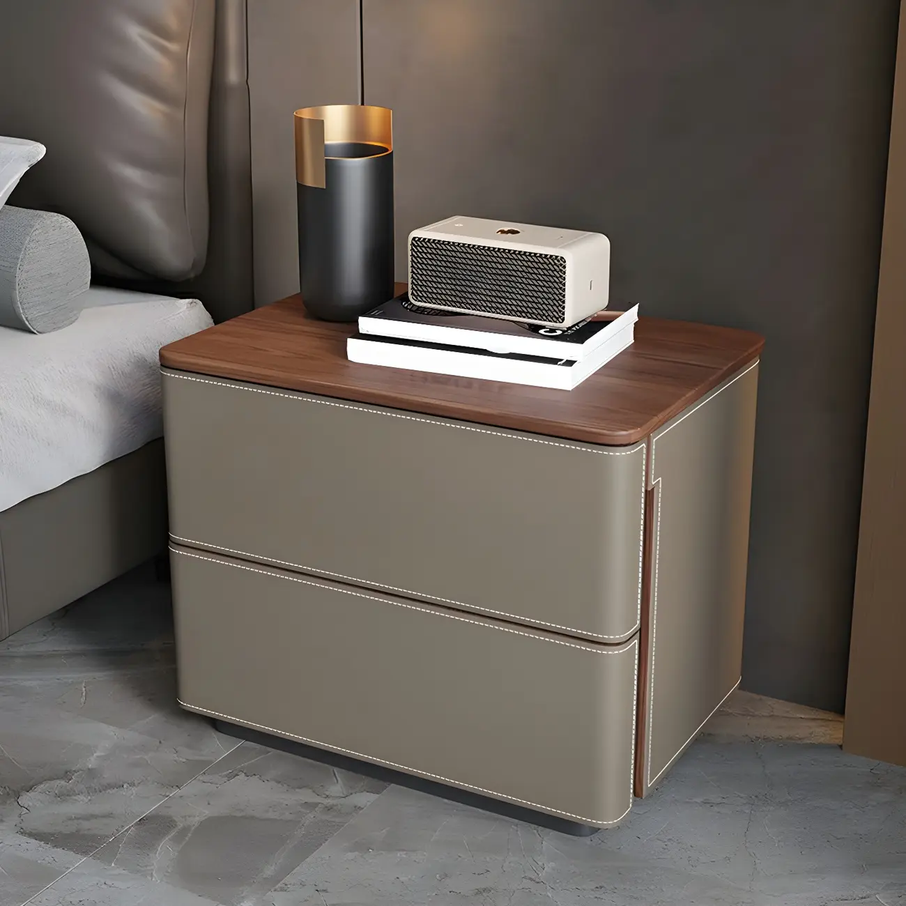 Modern Faux Leather Wood Top Drawers Nightstand