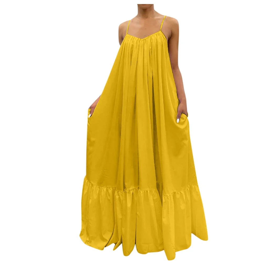 hulianfu Women Camisole Oversized Fashion Casual Solid Maxi Dresses Strap Dress Pocket Loose Backless Big Swing Solid Floor-length Robe - Deanwangkt