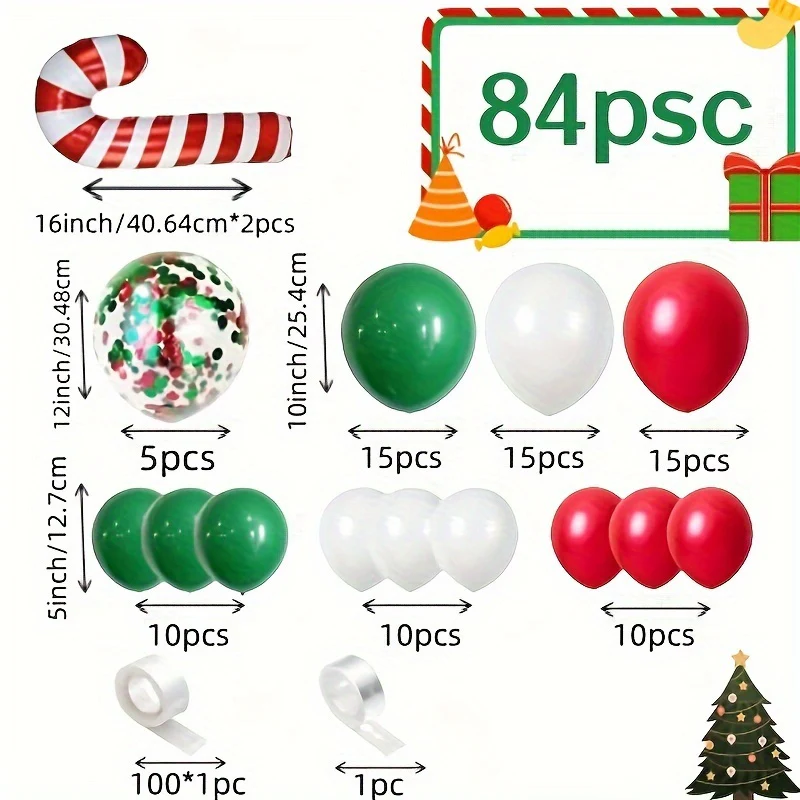 84pcs Christmas Balloon Garland Kit - Red, Green & White with Candy Cane Accents for Holiday Parties, New Year Celebrations & Festive Decor - Deanwangkt