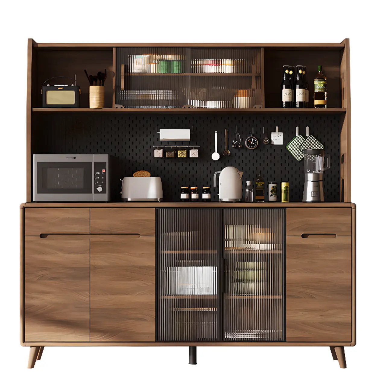 Kitchen Brown Wooden Hutch Top Sideboards with Pegboard Back