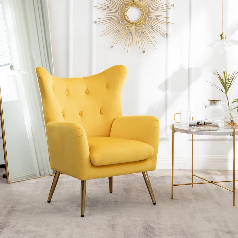 Yellow 30.25 Velvet Button Tufted Accent Chair with Gold Legs