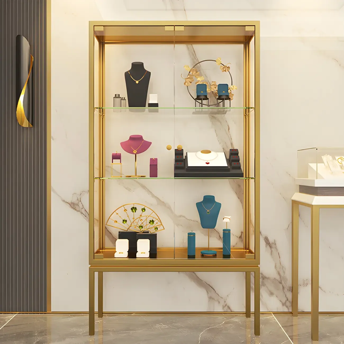 Glam Clear Glass Shelf Black Metal Frame Curio Cabinet