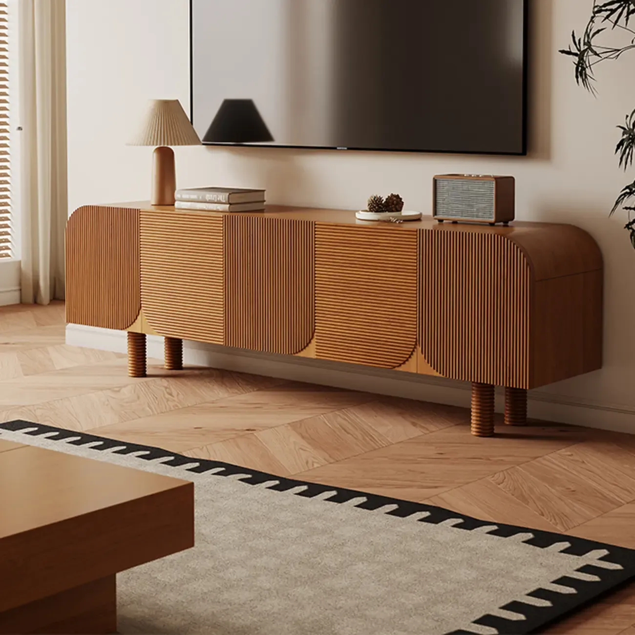 71 Rustic Brown Fluted Wooden TV Stand for Living Room