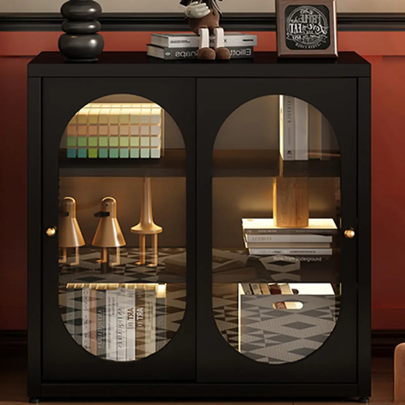 Horizontal Rectangular Metal Black Bookcase with Glass Doors