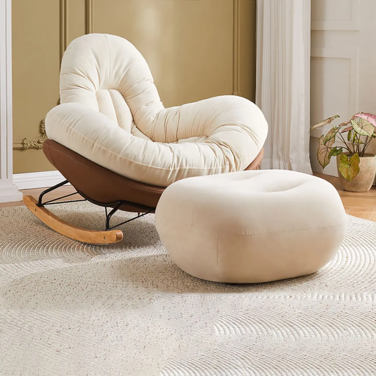 Wide Seat Upholstered Rocking Chair in Beige with Ottoman