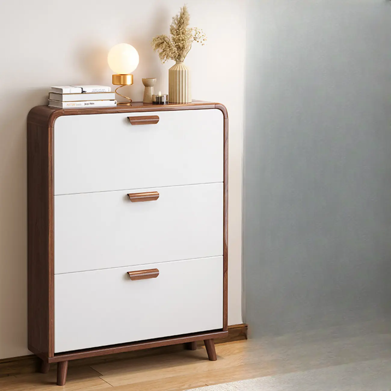 Traditional Hidden Adjustable 3 Tiers Solid Wood Shoe Cabinet