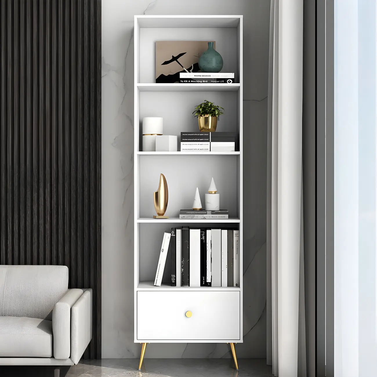 White Metal 2/3/4-Tier Open Bookcase with Drawer
