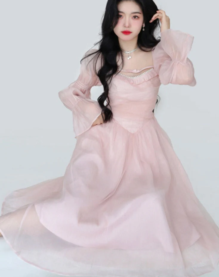 Hulianfu Elegant Evening Party Midi Dress Women Bubble Sleeve French Vintage Sweet Dress Female Pink Korean Style Fairy Dress Autumn - Deanwangkt