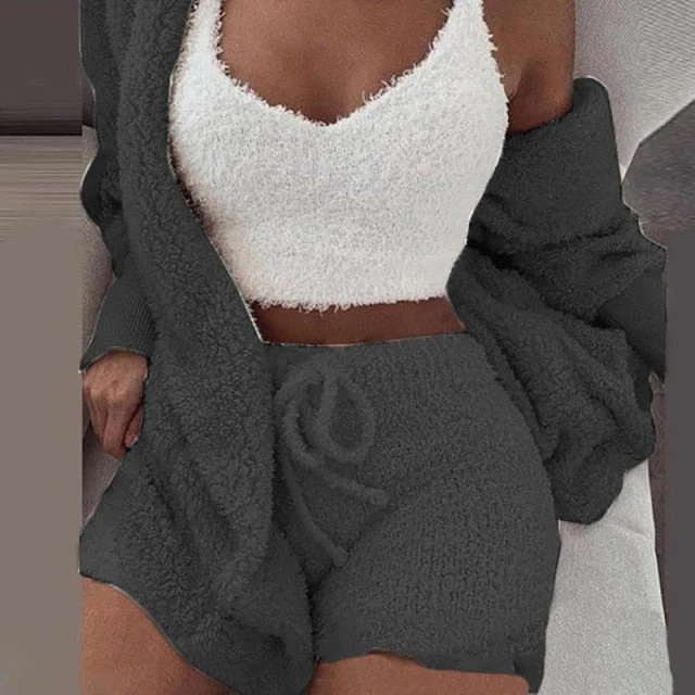 Three Piece Sexy Fluffy Outfits Plush Velvet Hooded Cardigan Coat+Shorts+Crop Top Women Tracksuit Sets Casual Sports Sweatshirt - Deanwangkt