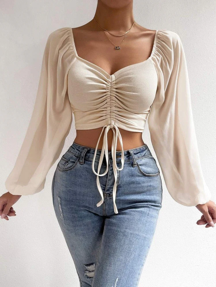 Hulianfu Fashion Sexy Low-cut Long Sleeve Crop Tops Women 2026  Summer Autumn Slim Solid Top Femme And Blouses Chiffon Shirt - Deanwangkt