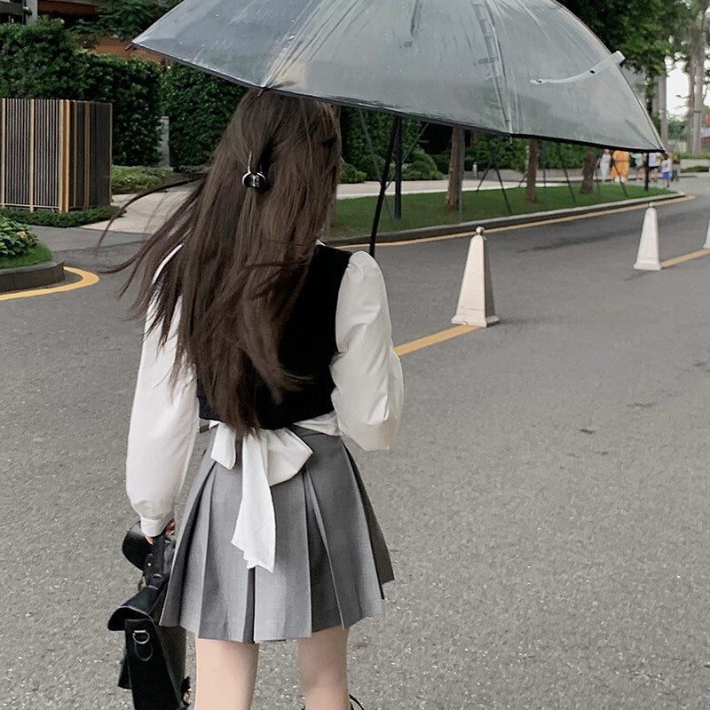 Sweet Japanese Girl Fashion 2 Piece Skirt Sets Long Sleeve Patchwork Shirt Top&High Waist Pleated Mini Skirt 2pc Dress Outfits - Deanwangkt
