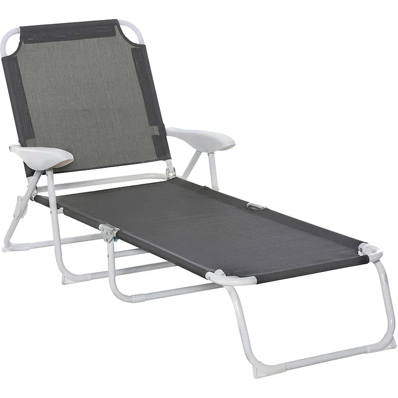 Folding Chaise Lounge, Outdoor Sun Tanning Chair, 4-Position Reclining Back, Armrests, Metal Frame and Mesh Fabric