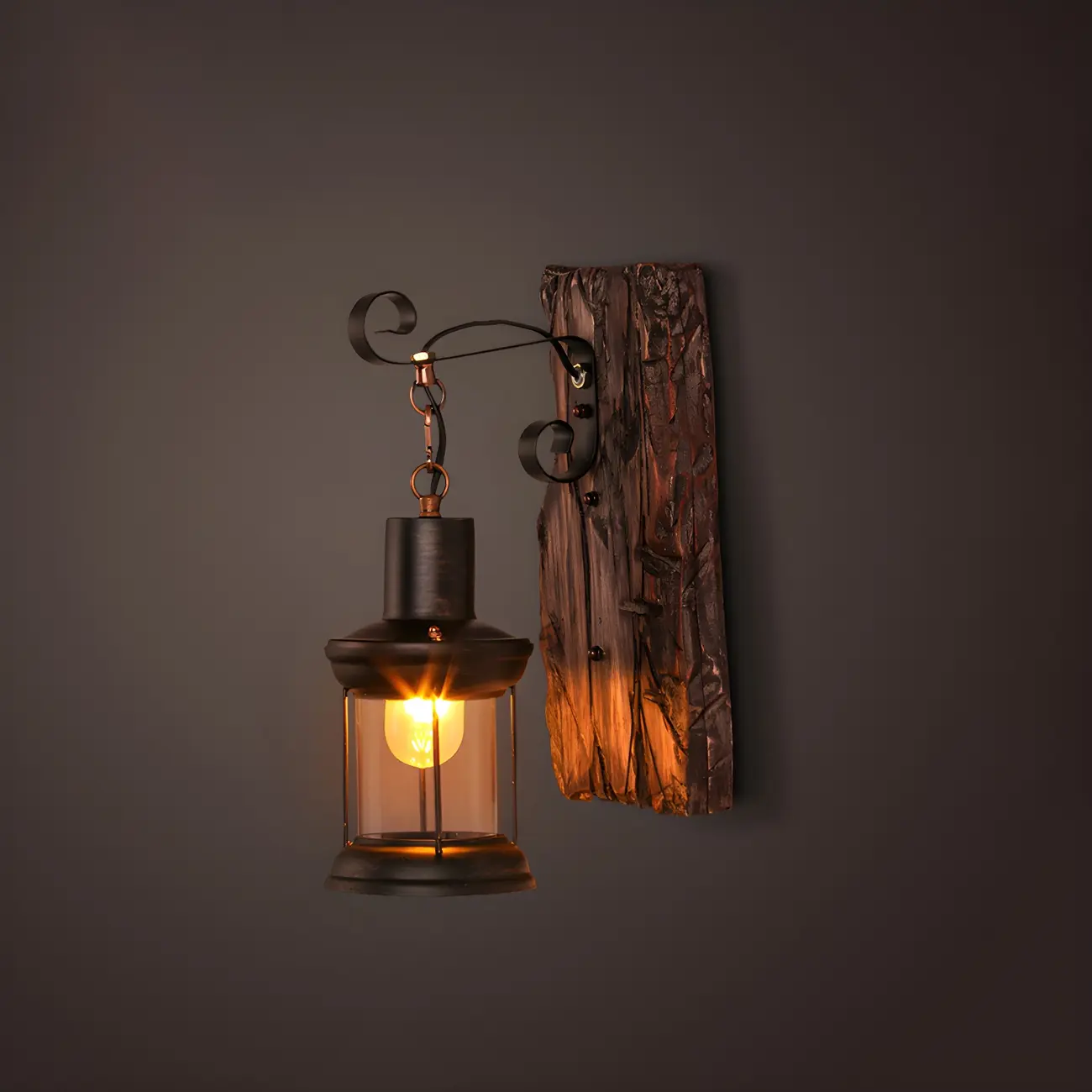 Industrial Distressed Wood Glass Black Wall Lantern Light