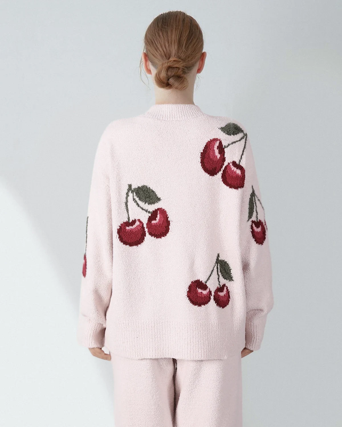 Fall/Winter soft half-fleece cherry cardigan pajama set for women, fleece-lined thick warm maternity/homewear