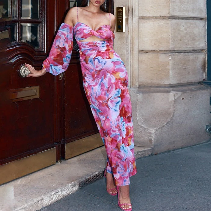 Hulianfu Women s Cold Shoulder Midi Dress Spaghetti Strap Long Sleeve Floral Print Beach Dress Y2k Low-cut Hollowed Out Long Slim Dress - Deanwangkt