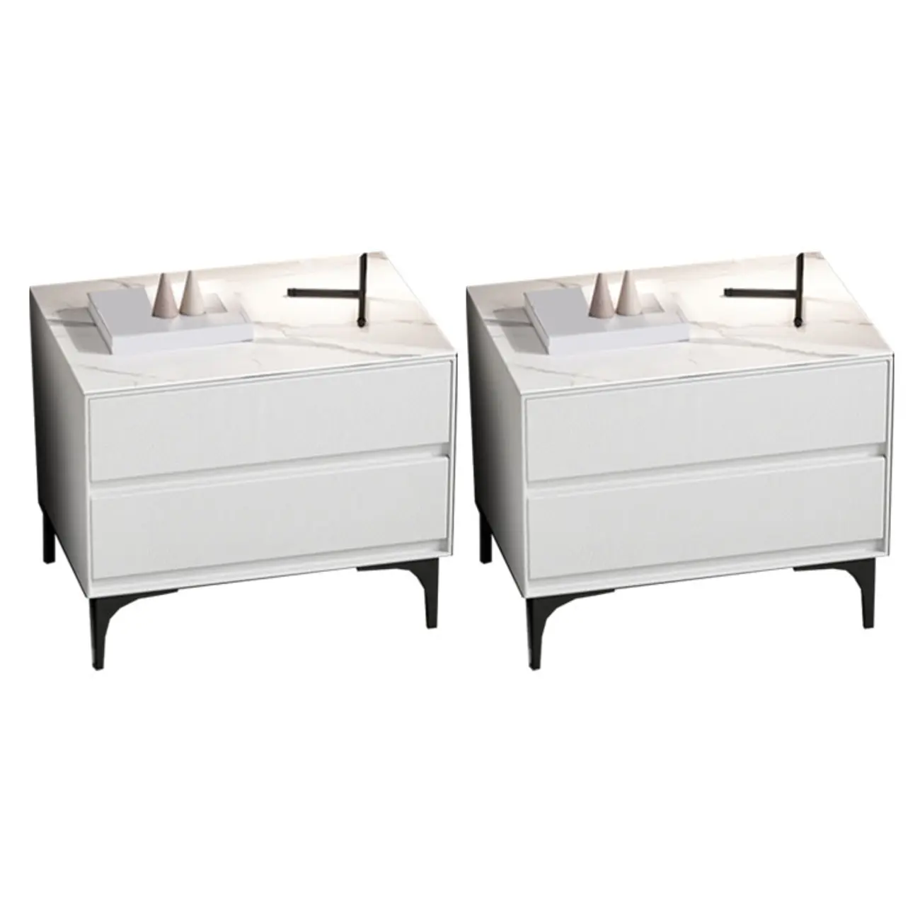 Modern Stone Top Faux Leather 2-Drawer Nightstand