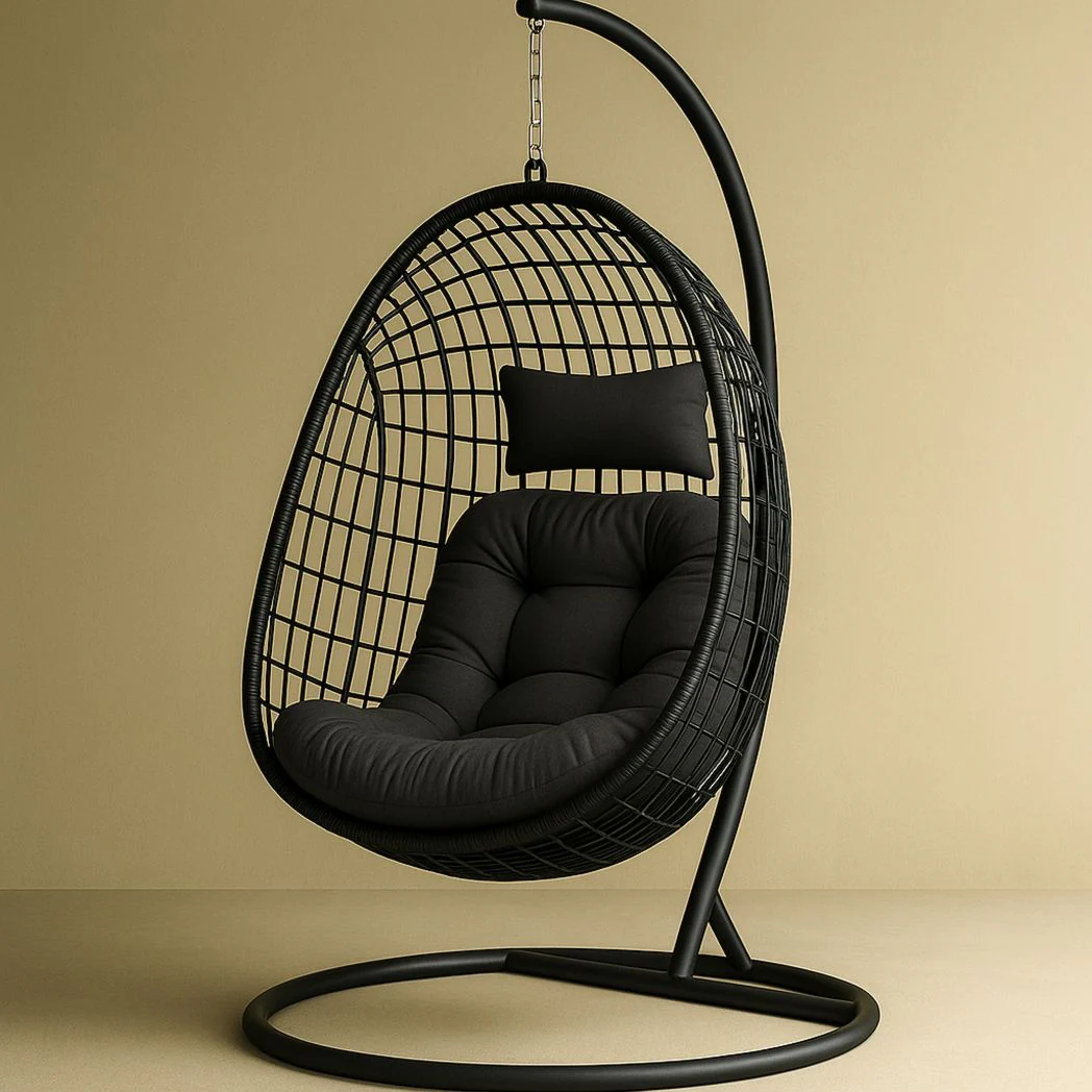 Chaise Suspendue en Résine Tressée et Acier Noir avec Coussin en Polyester, Forme Oeuf, 105 cm x 75 cm x 120 cm