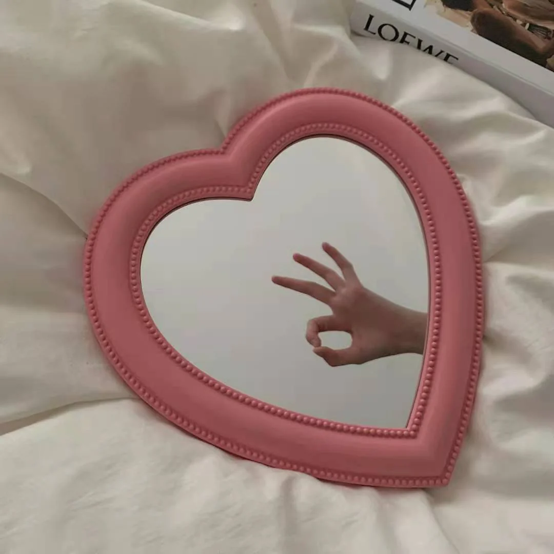 HULIANFU Ins Love Heart Cosmetic Mirror Wall Hanging Dormitory Dressing Mirror Pink White Korean Living Room Decorative Mirrors For Girls - Deanwangkt