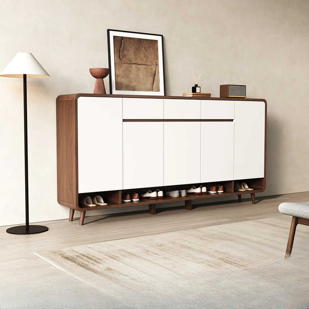 Modern Manufactured White Wood Shoe Cabinet