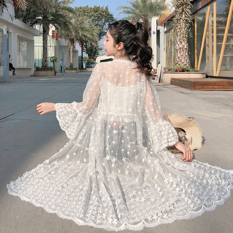 Hulianfu Women Blouse Sun Protection Outerwear Fashion Long Flare Sleeve Mesh Embroidery Thin Loose Party Holiday Maiden Outerwear Sexy - Deanwangkt