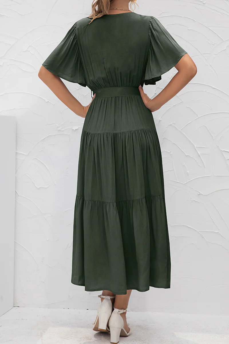 hulianfu Elegant Solid Patchwork With Belt V Neck Cake Skirt Dresses - Deanwangkt