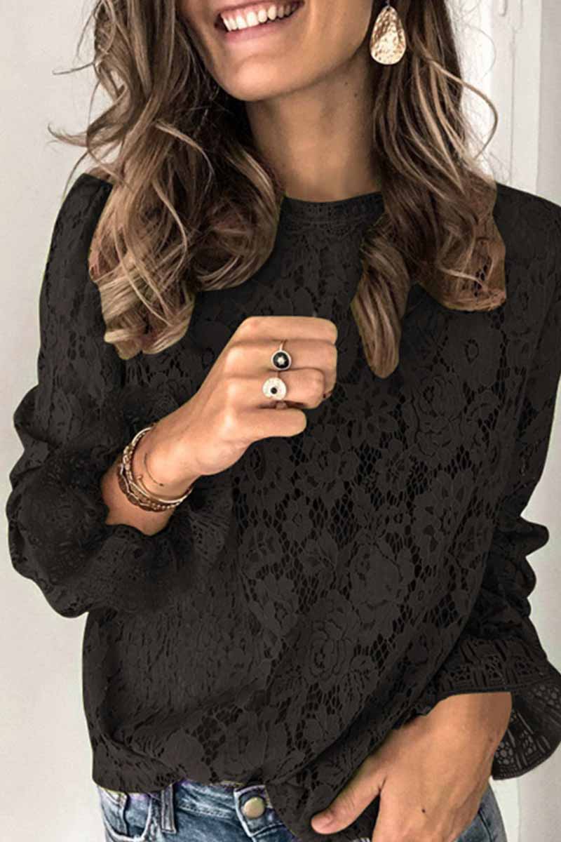 hulianfu hulianfu Long Sleeve Openwork Lace Blouse(5 Colors) - Deanwangkt