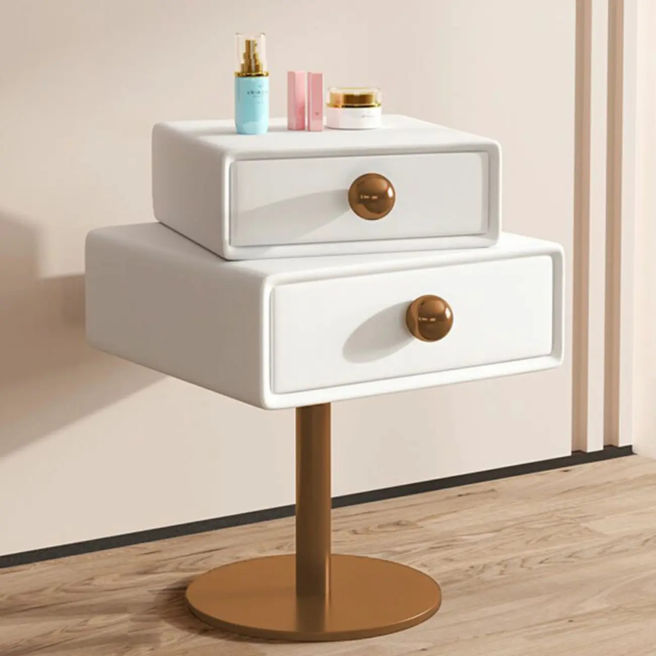 Modern Metal Faux Leather Swivel 2-Drawer Nightstand