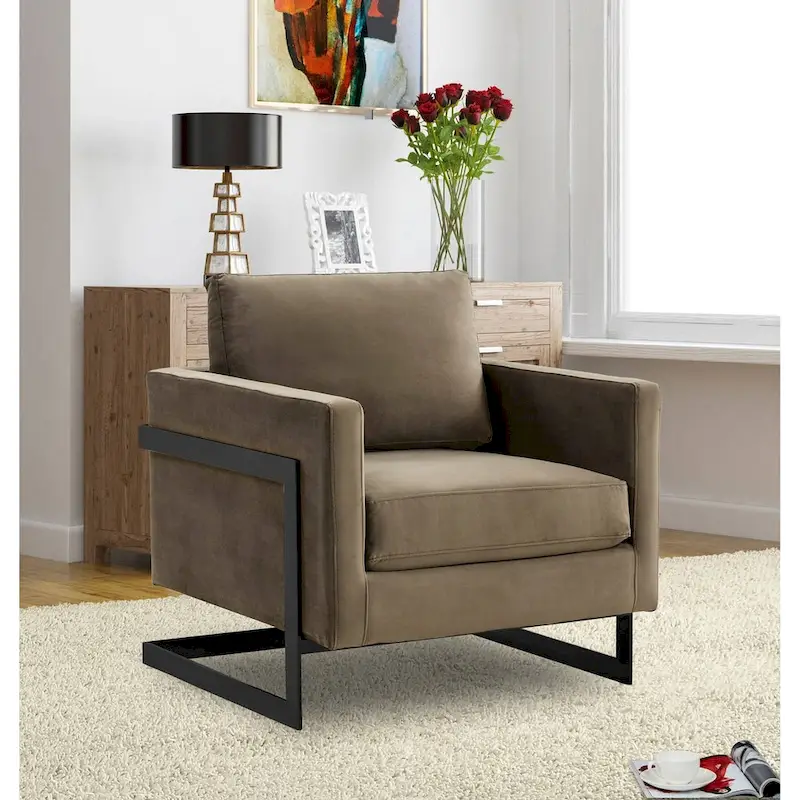 LeisureMod Lincoln Modern Velvet Arm Chair with Black Steel Frame - 35