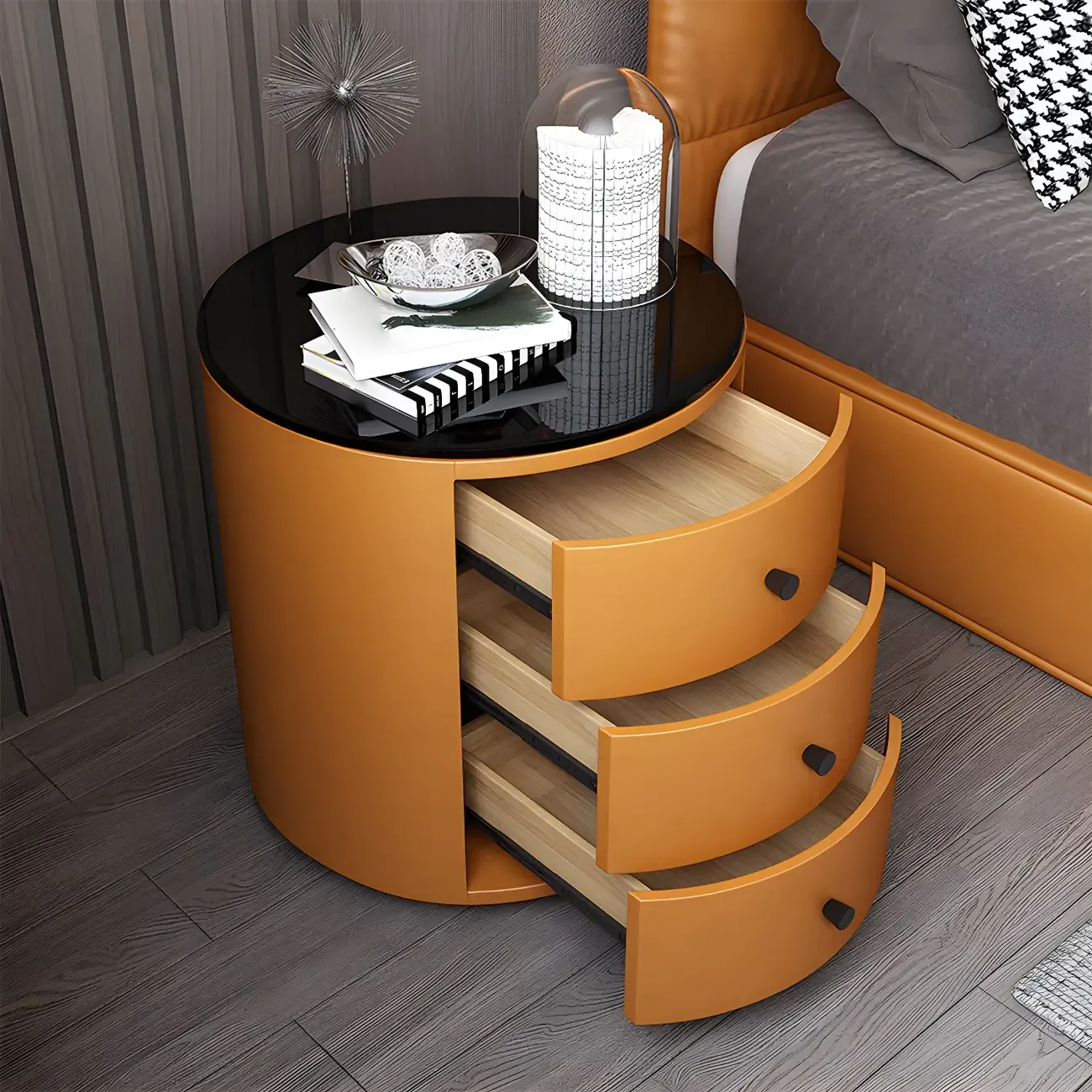 Modern Faux Leather Round Bedside Table with Two Drawers in Grey