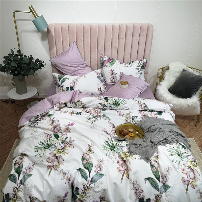 HULIANFU Tropical Leaves Flowers Duvet cover set Silky Soft 100%Egyptian Cotton Bedding set Queen King Bed sheet Quilt Cover Pillowcases - Deanwangkt