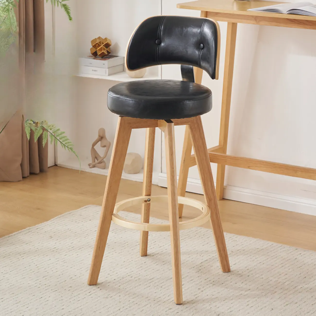 Natural Wood Round Leather Swivel Bar Stools