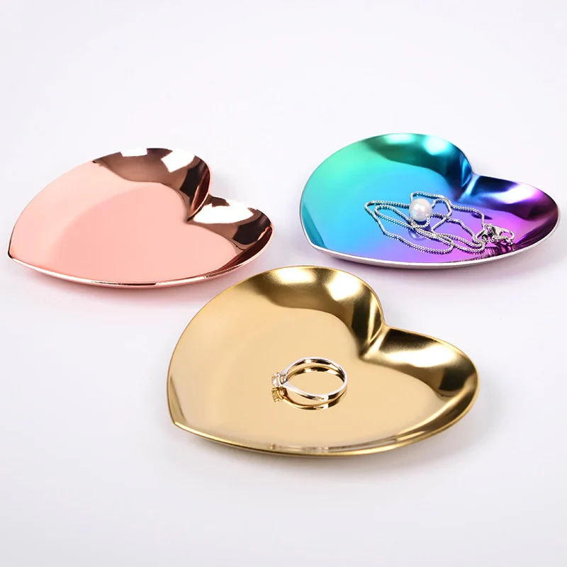 HULIANFU Nordic Stainless Steel Storage Tray Dish Jewelry Ring Organizer Bread Dessert Snack Plate Golden Heart Shaped Plate Home Decor - Deanwangkt