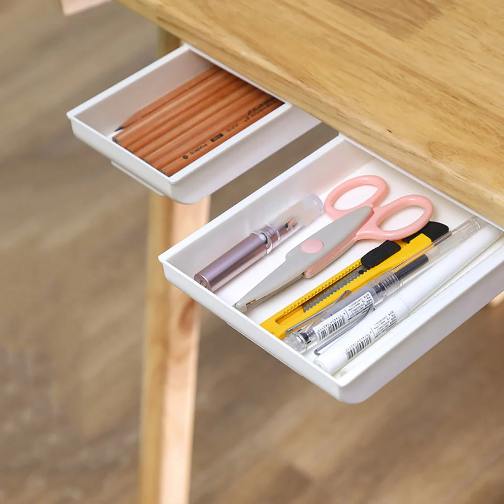 HULIANFU Self Stick Pencil Tray Desk Table Storage Drawer Organizer Box Under Desk Stand Self-adhesive under-drawer storage box - Deanwangkt