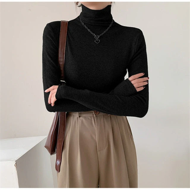 Autumn Women Pullover Tops Female Knitted Sweaters Solid Concise Turtleneck Elasticity Elegant Office Lady Casual All Match - Deanwangkt