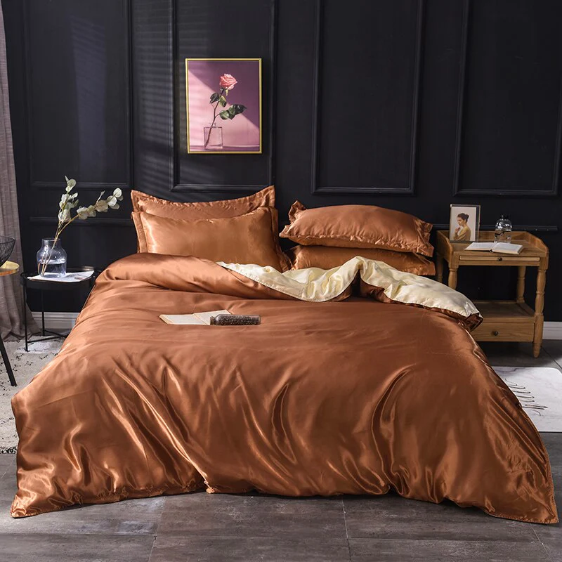 HULIANFU KOTUDENAVY Black silk duvet cover  Pillowcase 3pcs,200x200 quilt cover, bed cover queen king size bedding set,bed sheet - Deanwangkt