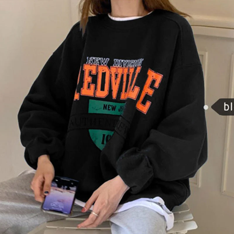 Autumn Women Fleece Letter Printed Pullover Sweatshirt Long Sleeve Casual Sports Lady Oversized Hoodie Korean Fashion - Deanwangkt