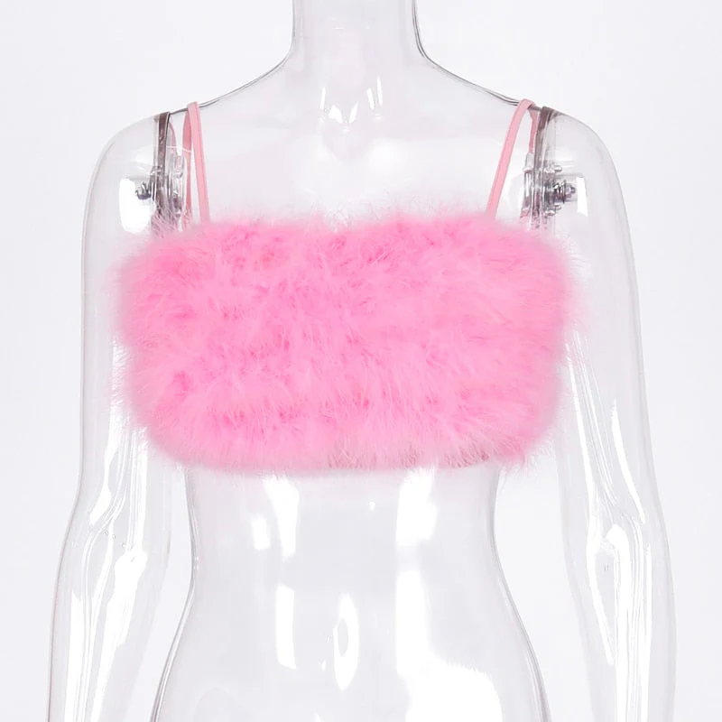Hulianfu fake fur patchwork sleeveless tube sexy crop tops autumn winter women pink streetwear pur outfits camis - Deanwangkt