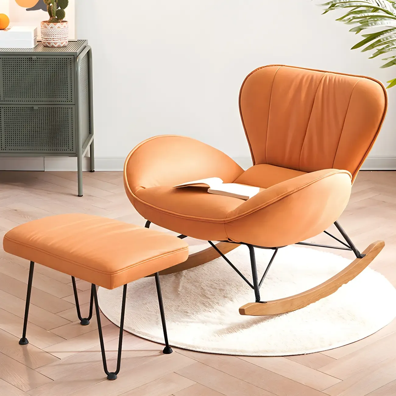 Wingback Faux Leather Rocking Chair with Ottoman for Indoor