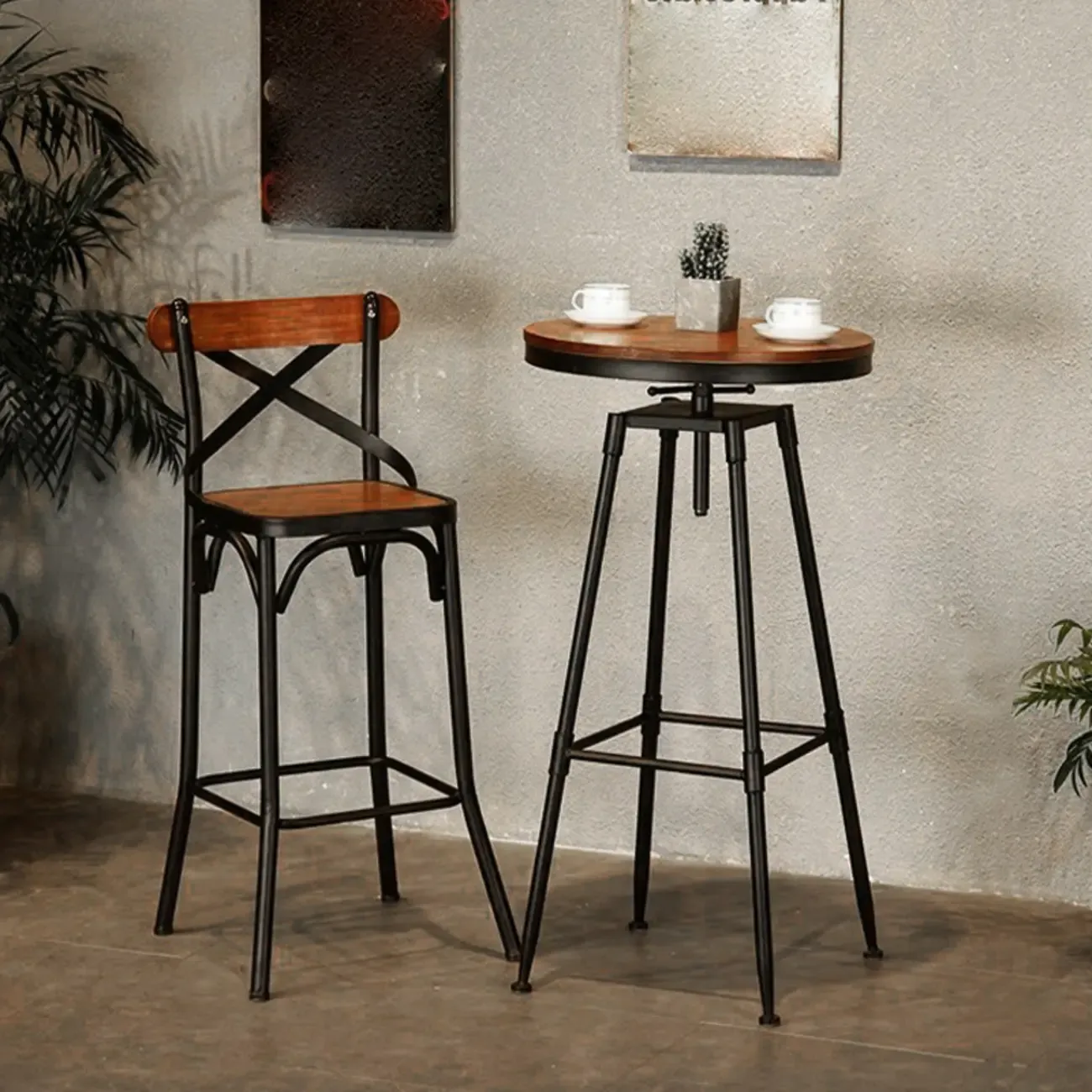 Rustic Wooden Adjustable Pub Bar Table with Metal Footrest