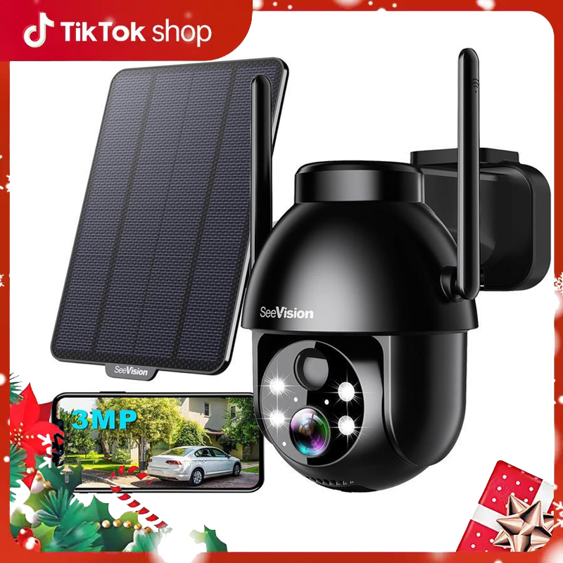 SeeVision Solar WIFI Security Camera with Spotlight, 1080P HD Clear Picture,PIR Motion Detection, Color Night Vision, Waterproof Black White Security Camera