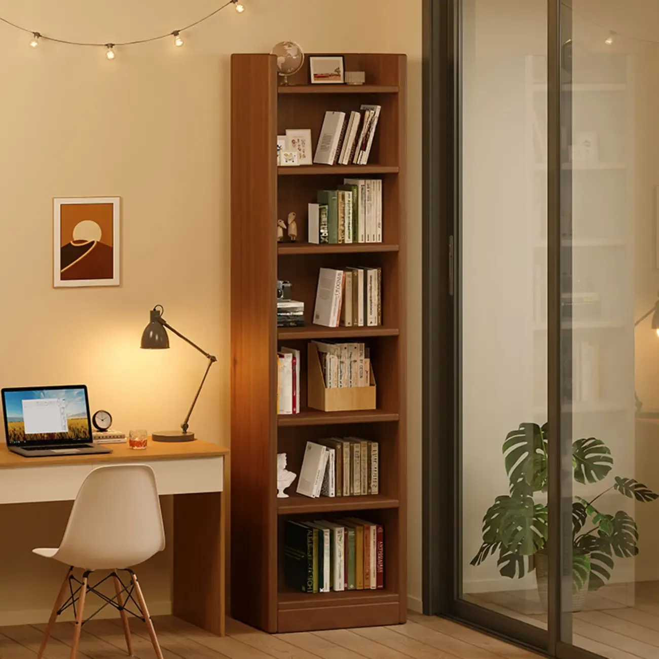 Rectangular Classic Nut-Brown Premium Wood 7-Shelf Bookcase