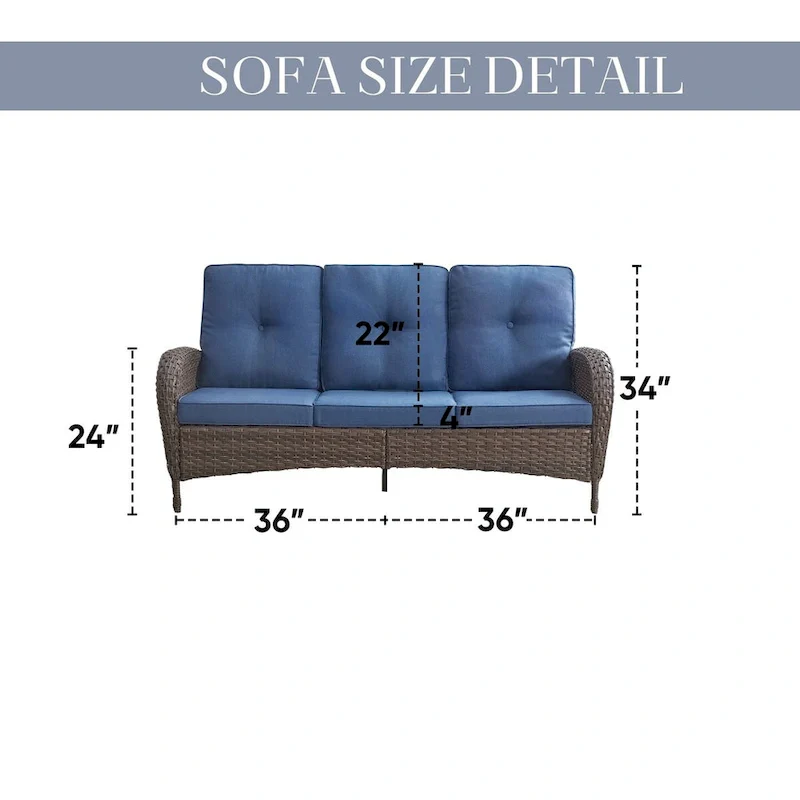 Patio Sofa 3 Seat Sofa Deep Seating - Brown