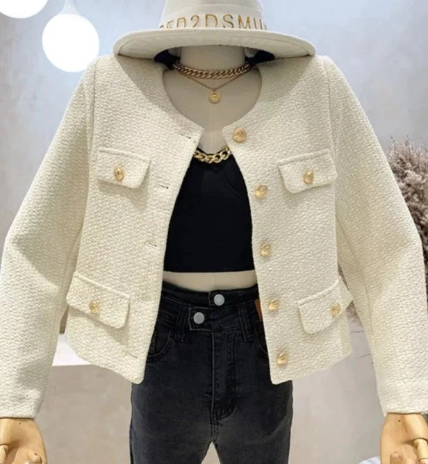 Hulianfu Small Fragrance Women Black Tweed Outerwear Autumn Winter Golden Button Blends Wool Female Long Sleeve Jacket Coat - Deanwangkt