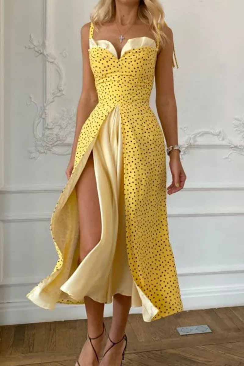 hulianfu Elegant Print Solid Patchwork Slit V Neck A Line Dresses - Deanwangkt