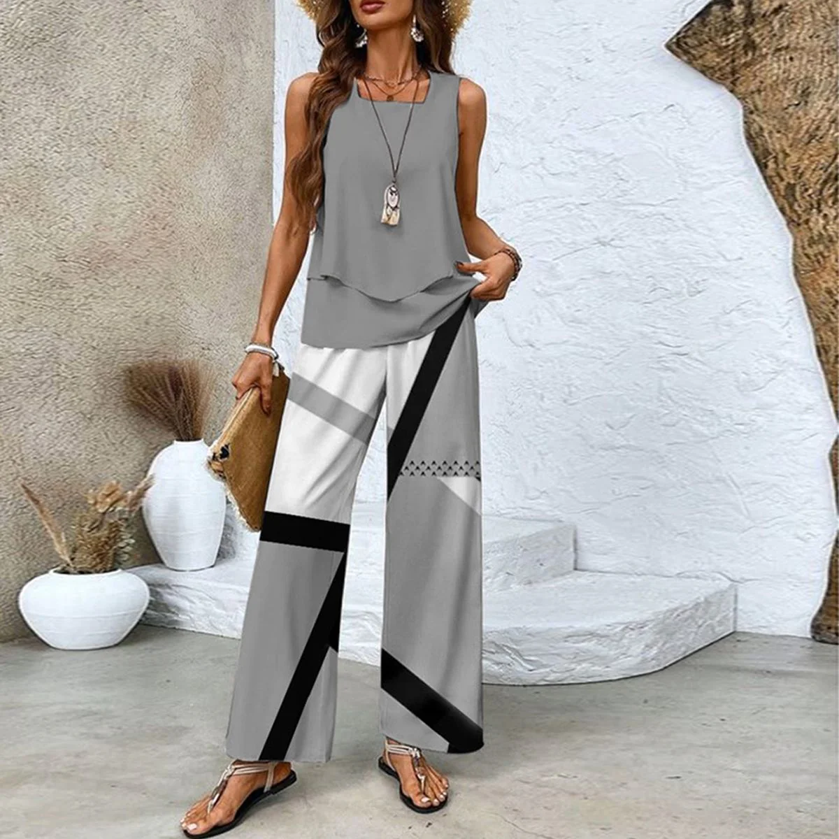 Grey Sleeveless Two Piece Set