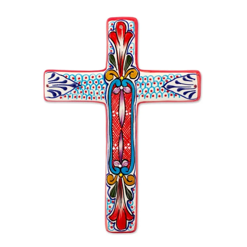 NOVICA Ceramic wall cross, 'Red Lily'