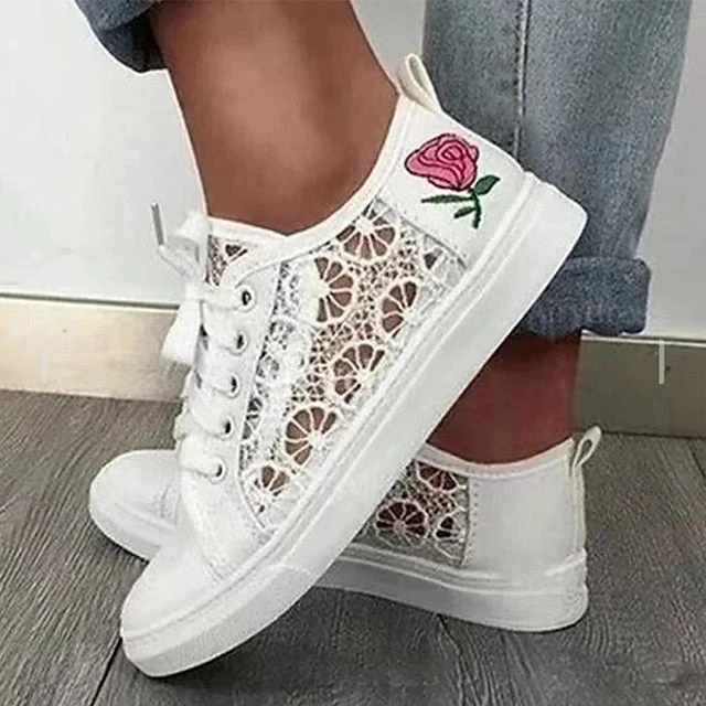 Women's Sneakers Canvas Shoes White Shoes Outdoor Daily Summer Flower Flat Heel Round Toe Casual Minimalism Walking Shoes Mesh Lace-up Embroidered White - Deanwangkt