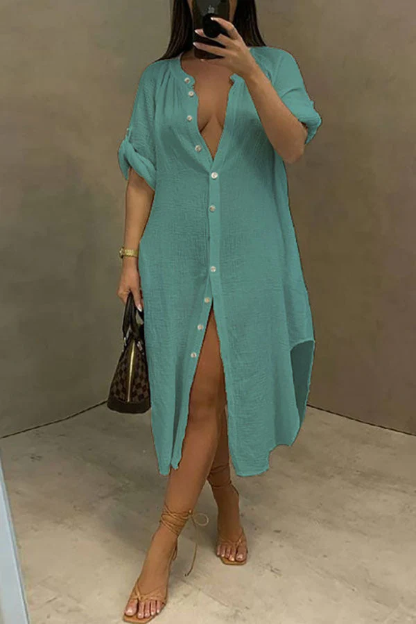 hulianfu Solid Color Casual Single Breasted Midi Dress - Deanwangkt
